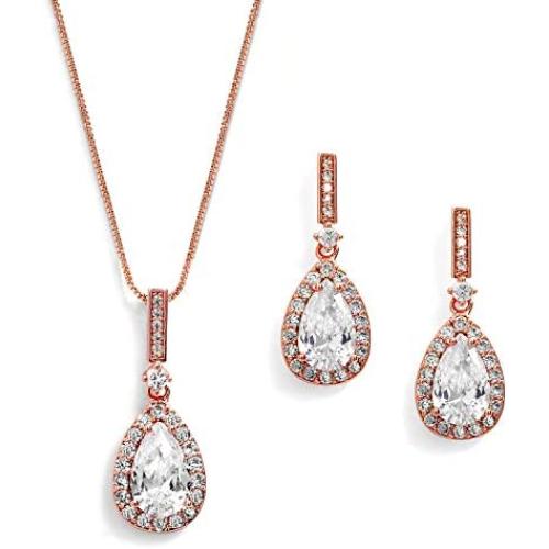 Mariell 14K Rose Gold Plated Cubic Zirconia Pear-Shape Necklace & Earrings Bridal and Wedding Jewelry Set
