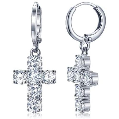 Dangle Cross Earrings for Women 14K Rose Gold Plated Hoop Huggie Cross Drop Earrings Baguette Cubic Zirconia Dangling Earring Hypoallergenic Jewelry Gifts for Girls