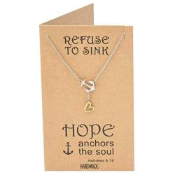 Quan Jewelry Hope Lariat Heart Anchor Necklace, Sailor Seaman Mini Charm Sea Anchor Fashion Jewelry with Inspirational Quote on Greeting Card, Adjustable Chain 16'' to 18''