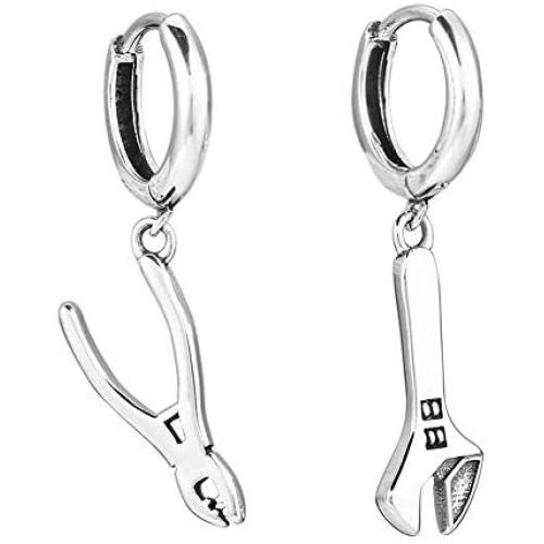 Asymmetric Pliers Wrench S925 Sterling Silver Dangle Drop Small Hoop Earrings for Women Men Teen Girls Boys Couples Personalized Vintage Dangling Hypoallergenic Gifts for Best Friend Birthday