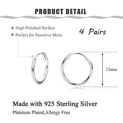 Sllaiss 4 Pairs 925 Sterling Silver Hoop Earrings for Women Men Unisex 12mm Endless Small Hoop Earrings Set Hypoallergenic
