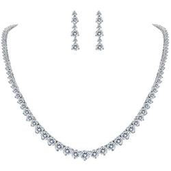 EVER FAITH Wedding Bridal Round Prong Clear CZ Necklace Earrings Set Silver-Tone