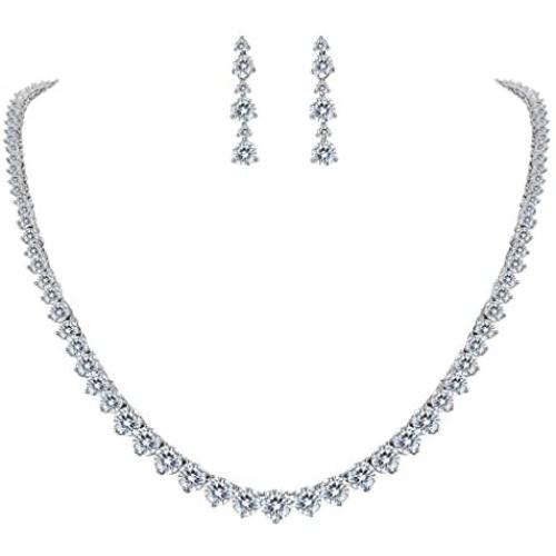 EVER FAITH Wedding Bridal Round Prong Clear CZ Necklace Earrings Set Silver-Tone