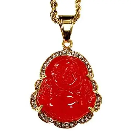 Iced Laughing Buddha Red Jade Pendant Necklace Rope Chain Genuine Certified Grade A Jadeite Jade Hand Crafted, Jade Necklace, 14k Gold Filled Laughing Jade Buddha Necklace, Jade Medallion, Fast Prime Shipping