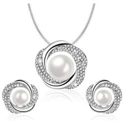 Sheshine Blessing of Love Women Elegant Pearl Pendant Necklace Earrings Set Jewelry Set,Crystal from Swarovski