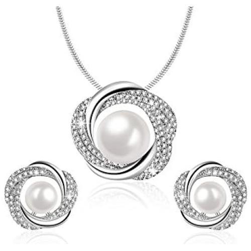 Sheshine Blessing of Love Women Elegant Pearl Pendant Necklace Earrings Set Jewelry Set,Crystal from Swarovski