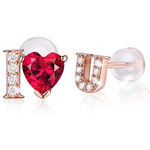 I Love You Earrings Feather Hoop Earrings 925 Sterling Silver Rose gold Heart Inscription Jewelry CZ Stud Earrings Women Girls for Sensitive Ears