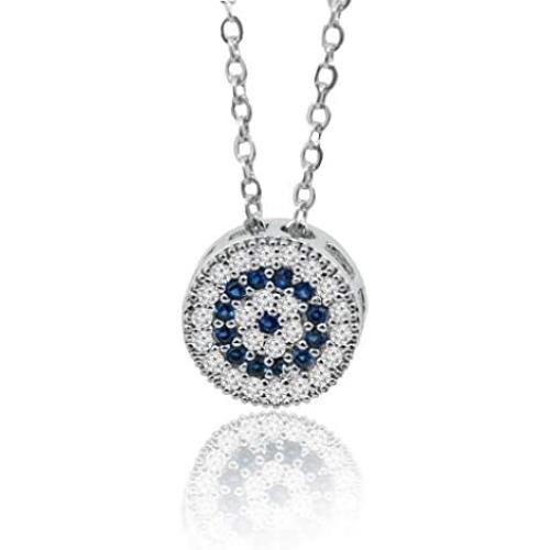 Dahi Shop Third Eye Necklace Nazar Amulet Turkish Greek Evil Eye Necklace Pendant Delivered with Jewelry Gift Box Natural Gemstone Circle Pendant 16'' Chain Silver-Tone + 2'' Extender