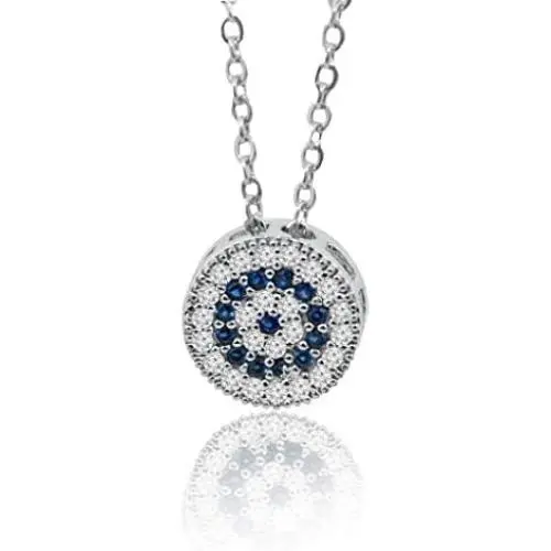 Dahi Shop Third Eye Necklace Nazar Amulet Turkish Greek Evil Eye Necklace Pendant Delivered with Jewelry Gift Box Natural Gemstone Circle Pendant 16'' Chain Silver-Tone + 2'' Extender