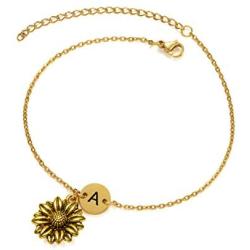 Joycuff Sunflower Anklet Bracelets for Women Teen Girl You are My Sunshine Beach Summer Jewelry Inspirational Gifts Personalized Letter Initial Charm Engraved Handmade Foot Ankle Anklets