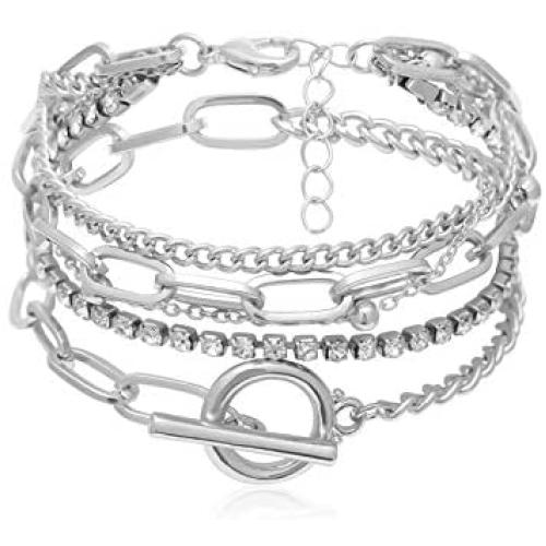 Layered Chunky Chain Lock Pendant Bracelets Statement Bohemian Adjustable Toggle Crystal Charm Wrist Bangles Link Jewelry for Women Girls Gift