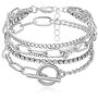 Layered Chunky Chain Lock Pendant Bracelets Statement Bohemian Adjustable Toggle Crystal Charm Wrist Bangles Link Jewelry for Women Girls Gift