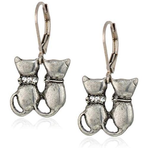 1928 Jewelry Womens Silver Tone Crystal Double Cat Wire Earrings, Silver, One Size