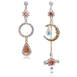 GIMEFIVE Asymmetrical Vintage Opal Sun and Moon Planet Earrings Bohemian Tassel Design Drop Earring with Clear Crystal for Woman Girls