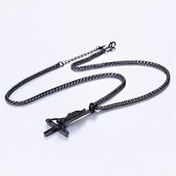U7 Black Upside Down Crucifix Cross Pendant Black Stainless Steel Satanic Jewelry Inverted Cross Necklace, 3mm Twisted Metal Chain 24''
