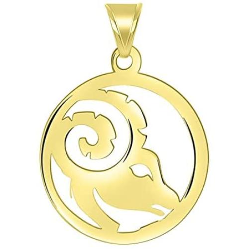 14k Yellow Gold Dainty Round Aries Zodiac Sign Cut-Out Ram Head Pendant