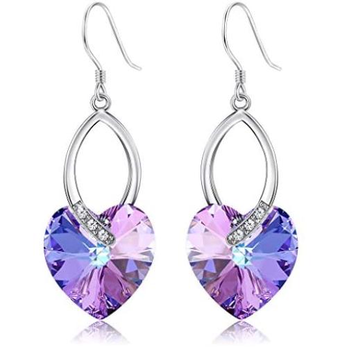 KesaPlan Purple Blue Heart Dangle Earrings for Women Made with Swarovski Crystals Drop Earrings Hypoallergenic Hooks Love Jewelry Gift