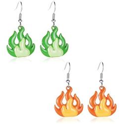 coadipress 2 Pairs Fire Flame Earrings Set for Women Teen Girls Cute Funny Green Yellow Acrylic Dangle Drop Earrings Jewelry Gifts