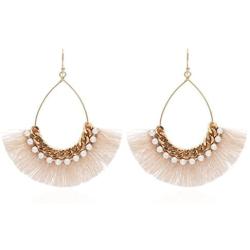 Big Tear Drop Dangle with Chain & Crystal Trimmings, Fan Shape Tassel Statement Earrings