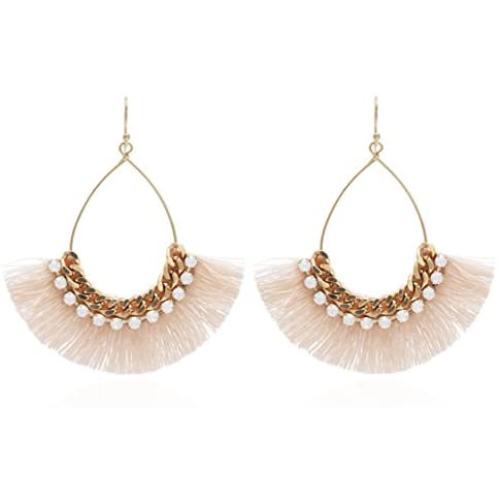 Big Tear Drop Dangle with Chain & Crystal Trimmings, Fan Shape Tassel Statement Earrings