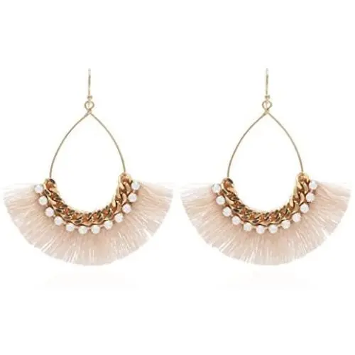 Big Tear Drop Dangle with Chain & Crystal Trimmings, Fan Shape Tassel Statement Earrings