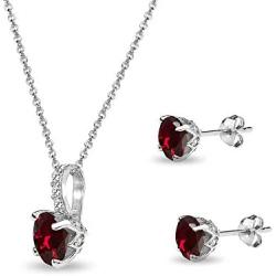 Sterling Silver Genuine, Created or Simulated Gemstone & White Topaz Round Crown Necklace & Stud Earrings Set