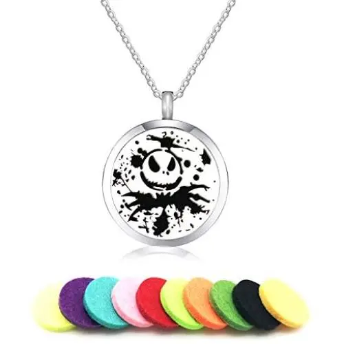 AZNECK Aromatherapy Essential Oil Diffuser Necklace Nightmare Before Christmas Pendant Halloween Stainless Steel Perfume Locket Jewelry Adjustable Chain Necklaces