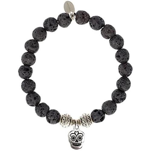 EvaDane Natural Lava Stone Gemstone Tibetan Bead Sugar Skull Charm Stretch Bracelet
