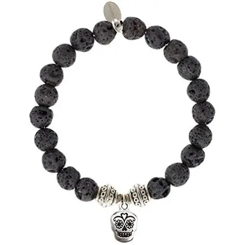 EvaDane Natural Lava Stone Gemstone Tibetan Bead Sugar Skull Charm Stretch Bracelet EvaDane Natural Lava Stone Gemstone Tibetan Bead Sugar Skull Charm Stretch Bracelet