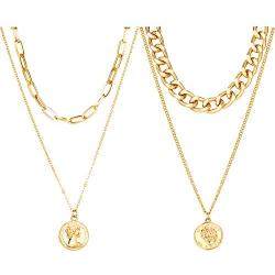 Set of 2 Dainty Gold Layered Necklace | Chunky Link Coin Pendant Necklace for Women Girls