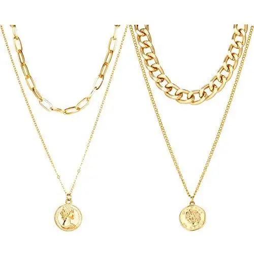 Set of 2 Dainty Gold Layered Necklace | Chunky Link Coin Pendant Necklace for Women Girls