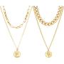 Set of 2 Dainty Gold Layered Necklace | Chunky Link Coin Pendant Necklace for Women Girls