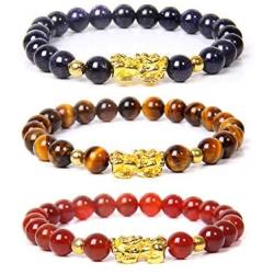 3 Pcs Puxiu Colorful Beads Strand Bracelet Bring Wealth Fortune Luck Healing Energy Natural Stone Piyao Animal Pendant Protection Jewelry Amulet for Women Men Business Gift