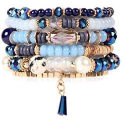 RIAH FASHION Bead Multi Layer Versatile Statement Bracelets - Stackable Beaded Strand Stretch Bangles Sparkly Crystal Mix, Tassel Charm