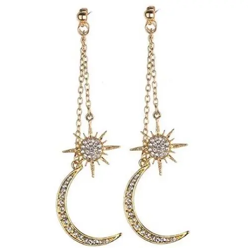 moon star earring with chain - moon earrings dangle - sun and moon earrings for women,Gift for wedding or Daily Wear