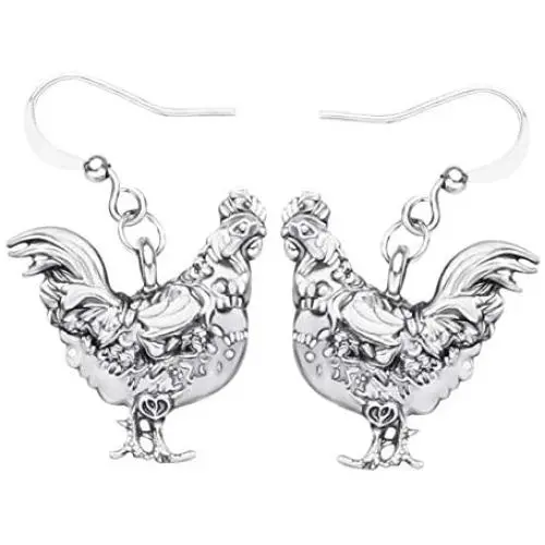 WEVENI Alloy Antique Silver Gold Plated Rooster Hen Chicken Earrings Dangle Farm Themed Jewelry Dainty Gift for Girls Women