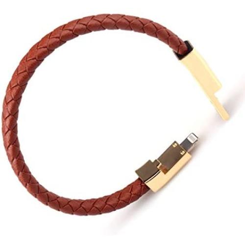 Fathers Day Gift USB Leather Charging Bracelets Portable Braided Wrist Band Bracelet Cable Data Charger Cord for iPhone(Gold Metal+ Brown Leather)