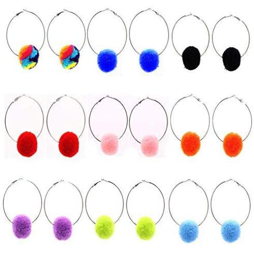 9 Pairs Pom Pom Earrings Big Circle Round Hoop Earrings Handmade Colourful Cotton Ball Dangle Earrings Thanksgiving Christmas Earrings Gifts For Women Girls Jewelry