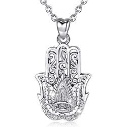 Hamsa Necklace Sterling Silver for Women AEONSLOVE Vintage Hamsa Hand of Fatima Evil Eye Necklace Pendant Good Luck Success Amulet Jewelry Gifts for Womens Girls Wife, 18'' Chain