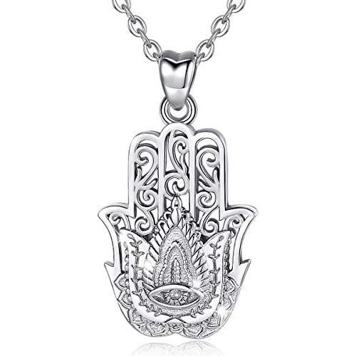 Hamsa Necklace Sterling Silver for Women AEONSLOVE Vintage Hamsa Hand of Fatima Evil Eye Necklace Pendant Good Luck Success Amulet Jewelry Gifts for Womens Girls Wife, 18'' Chain