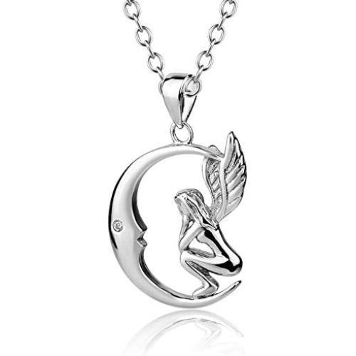 925 Sterling Silver Guardian Angel Wings Necklace Moon Pendant Jewelry for Women Girlfriend