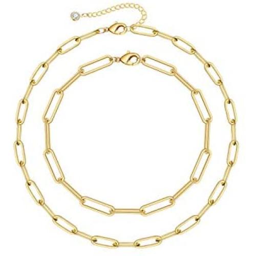 Turandoss Gold Paperclip Link Chain Necklace Bracelet Set, 14K Gold Plated Dainty Oval Link Chain Necklace Bracelet Anklet Paperclip Chain Gold Jewelry Set for Women Girls