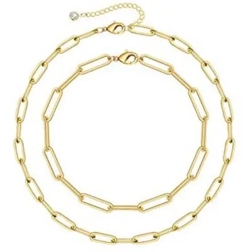 Turandoss Gold Paperclip Link Chain Necklace Bracelet Set, 14K Gold Plated Dainty Oval Link Chain Necklace Bracelet Anklet Paperclip Chain Gold Jewelry Set for Women Girls Turandoss Gold Paperclip Link Chain Necklace Bracelet Set, 14K Gold Plated Dainty Oval Link Chain Necklace Bracelet Anklet Paperclip Chain Gold Jewelry Set for Women Girls