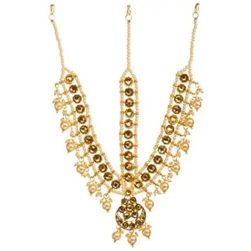 Bindhani Indian Bollywood Style Wedding Gold Plated Maang Tikka Bridal Bahubali Matha Patti Traditional Mang Tika Jewellery Damini Bridesmaid Hair Accessories Head Jewelry for Women