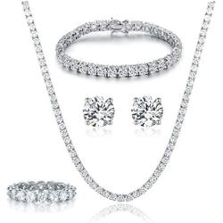 18K White Gold Plated Tennis Necklace/Bracelet/Earrings/Band Ring Sets Hypoallergenic Jewelry Pack of 4