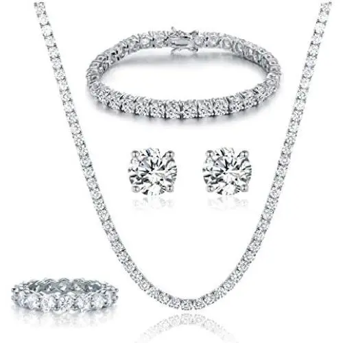 18K White Gold Plated Tennis Necklace/Bracelet/Earrings/Band Ring Sets Hypoallergenic Jewelry Pack of 4