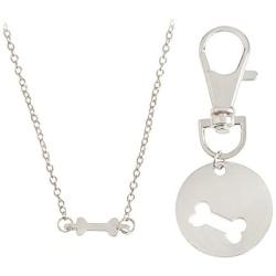 Meiligo Fashion 2 Pcs Best Friends Friendship Gold Silver Dog Bone Charm Tag Necklace Key Chain Owner and Dog Jewelry Matching Pet Collar Key Chain Pendant