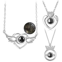 3Pcs/Set 100 Languages About I Love You Projection Necklaces Heart Crown Wing Shaped Charms Romantic Crystal Inlaid Jewelry Birthday for Women Girls Girlfriends Wife