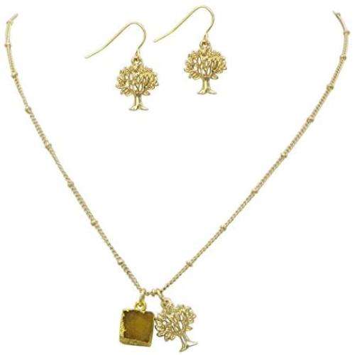Rosemarie Collections Womens Druzy Stone and Tree of Life Pendant Necklace and Earring Set