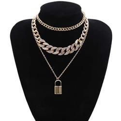 COLORFUL BLING Shiny Hip Hop Rhinestone Cuban Link Chain Lock Pendant Necklace with Bracelet Set Punk Cubic Zircon Layered Choker Necklace for Women Unisex Jewelry